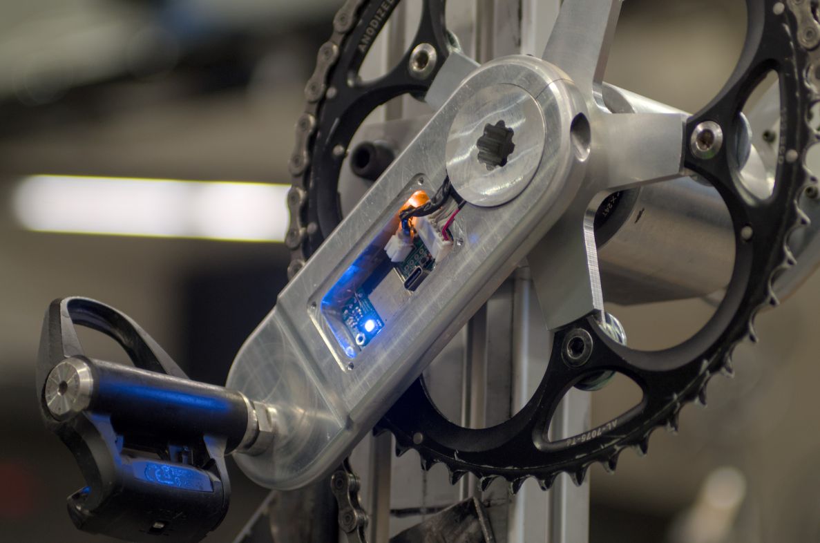 Photograph of one side of the power meter fitted into MHP's rider, chassis and drivetrain testing system.