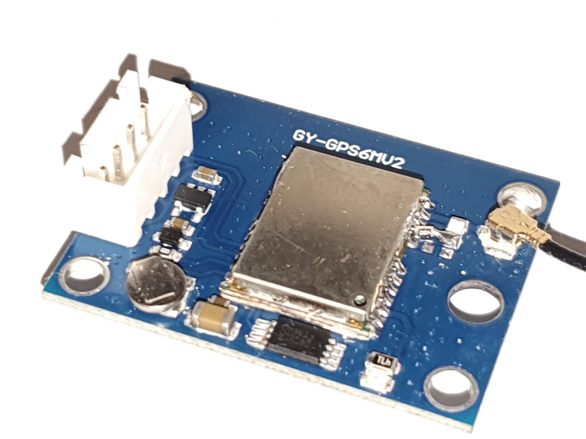 A photograph of the breakout board modified to suit the counterfeit GPS module.