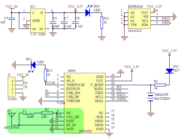 The schematic used in the breakout boards intended for use with the genuine modules. Image source: <a href='https://www.cnx-software.com/2016/01/11/ublox-neo-6m-10-gps-module-with-antenna-works-with-arduino-raspberry-pi-etc/'>CNX Software</a>